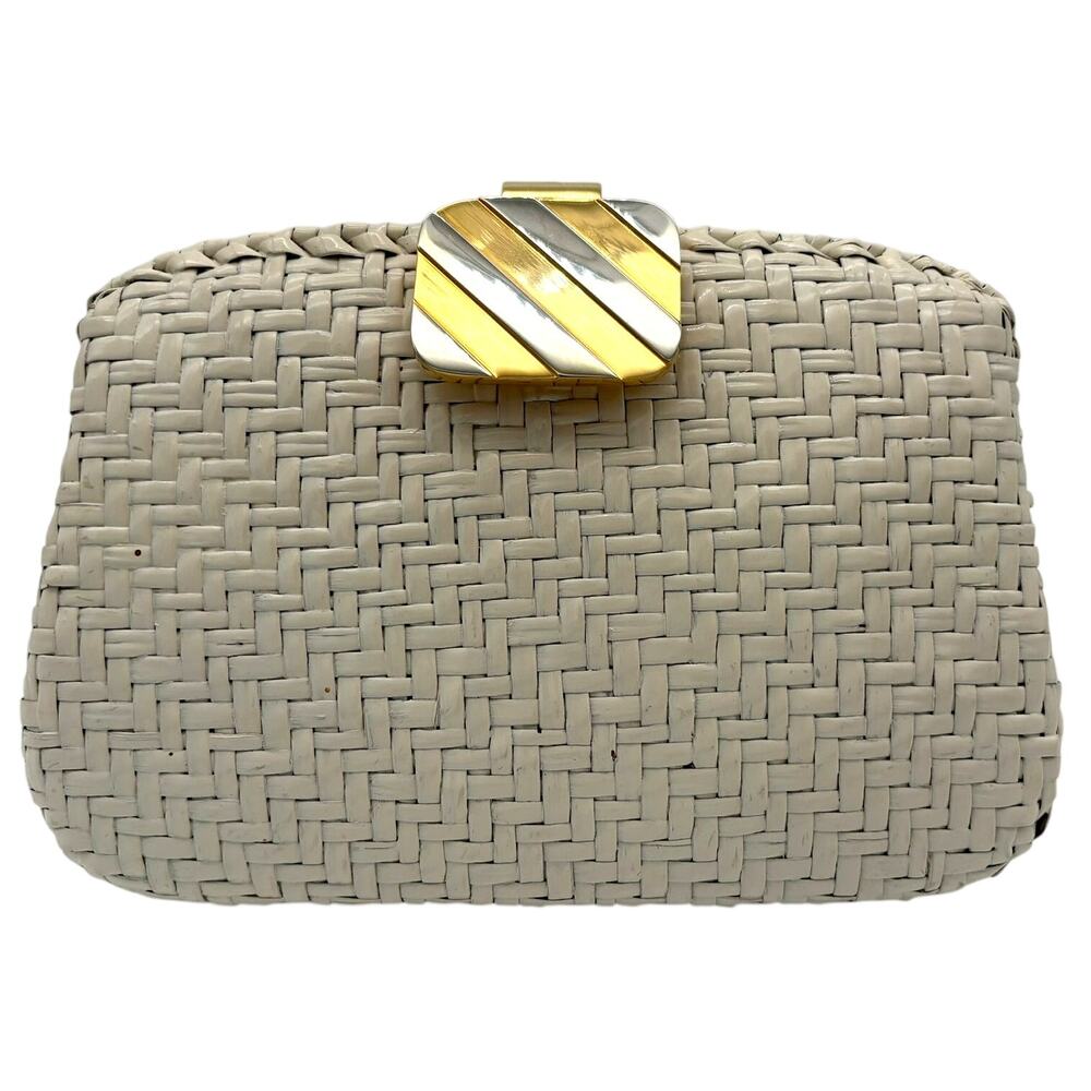 Rodo Italy Woven Cane Leather Box Clutch Ivory Gold Tone Vintage Bag